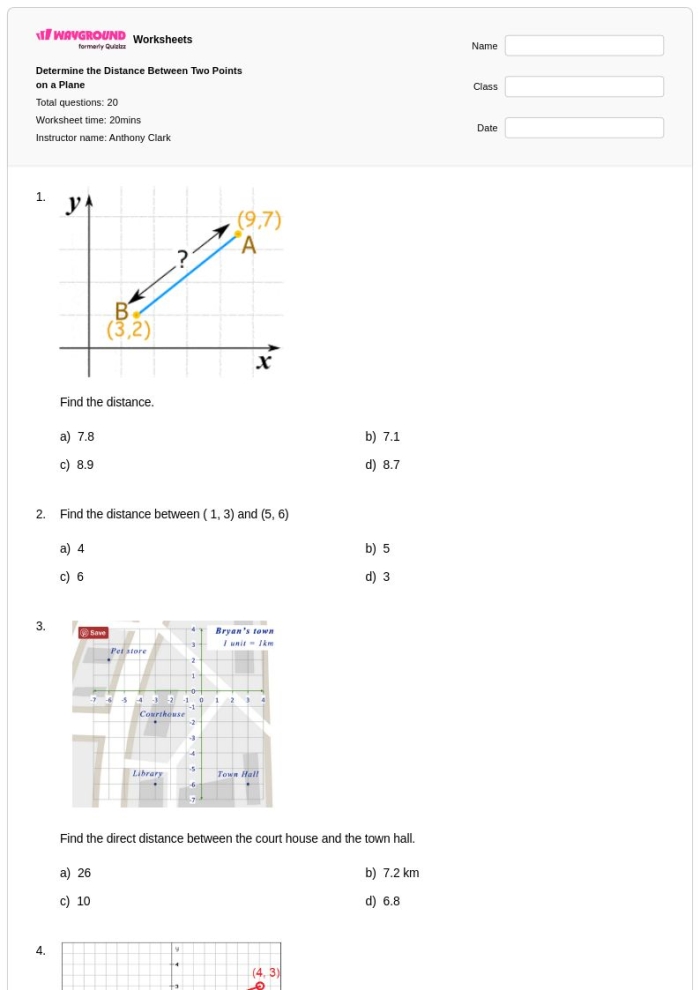 Eighth grade student solving distance between two points geometry problems on a worksheet with coordinate grid