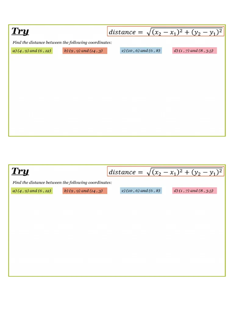 Eighth grade student solving distance between two points geometry problems on a worksheet