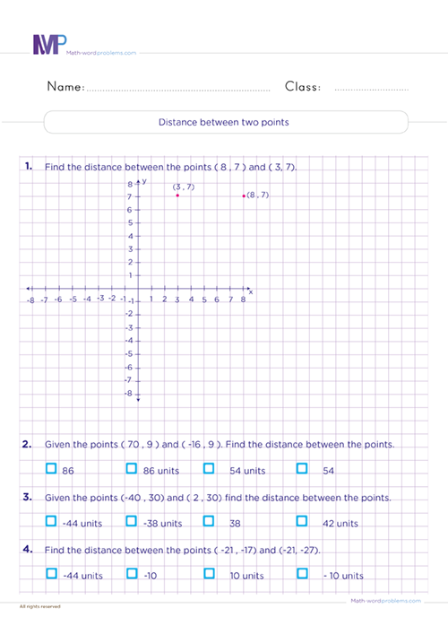 Two points plotted on a coordinate grid with a right triangle drawn between them to demonstrate the distance formula using the Pythagorean theorem