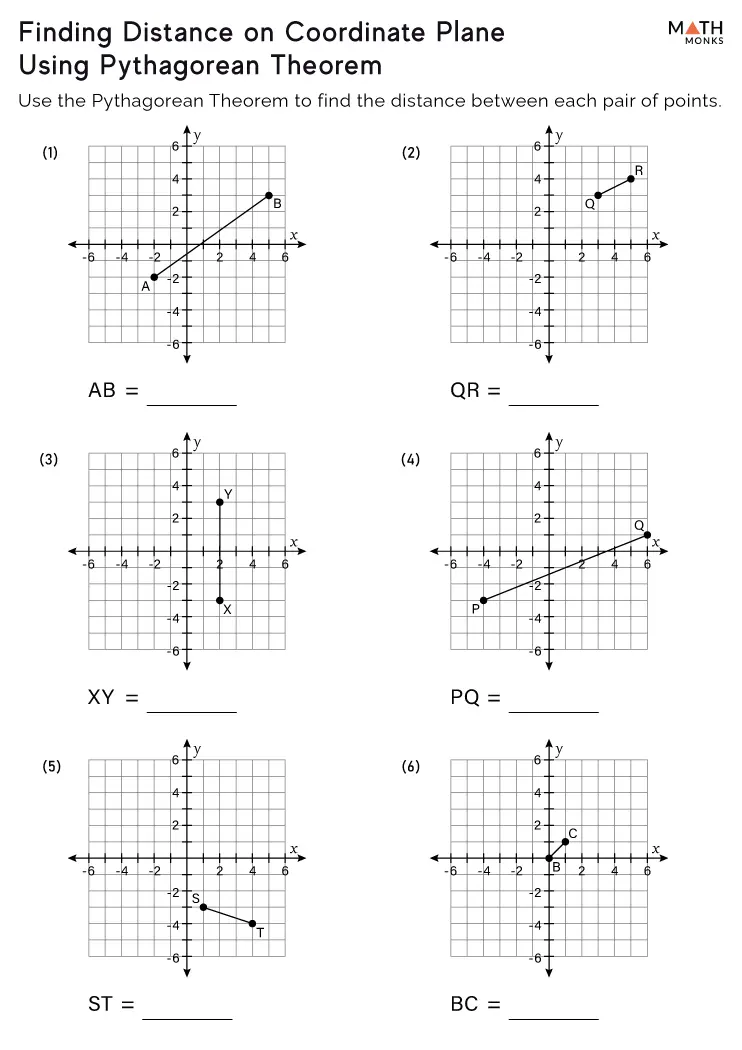 Eighth grade student using the Pythagorean theorem to calculate distance between two plotted points on a coordinate grid worksheet