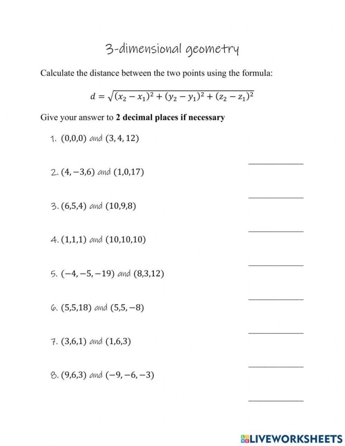 Eighth grade math worksheet focusing on calculating diagonal distance between two coordinate points