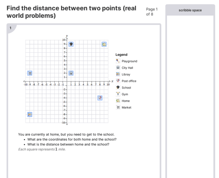 Eighth grade geometry worksheet featuring practice problems for calculating the diagonal distance between two points
