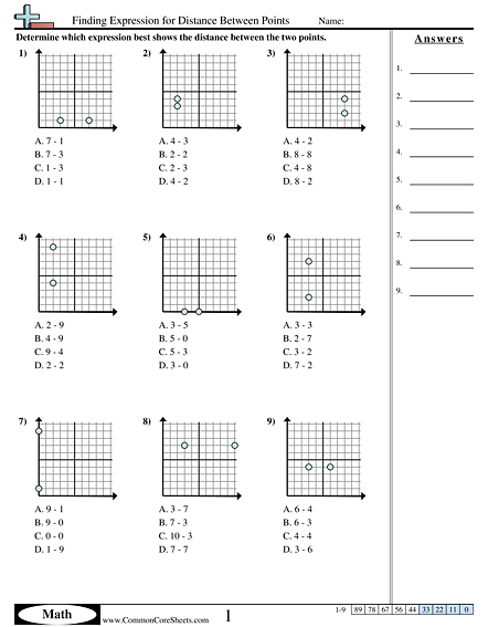 Eighth grade geometry worksheet featuring practice problems for calculating the diagonal distance between two points on a coordinate plane