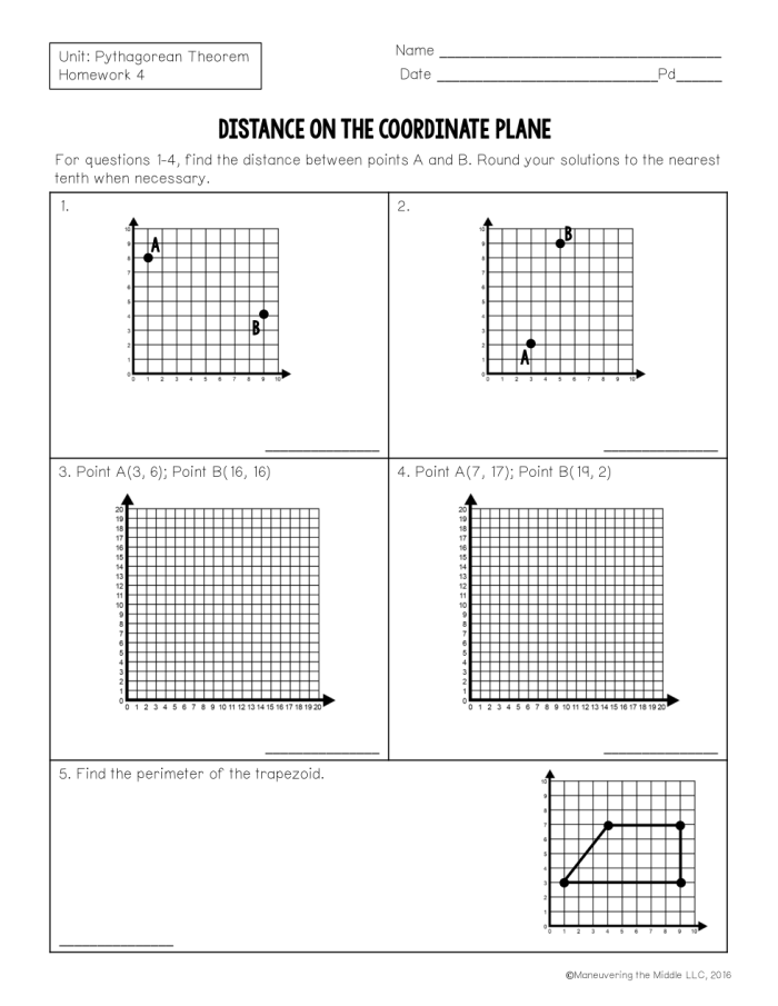 Eighth grade math worksheet showing how to calculate the distance between two points on a coordinate grid