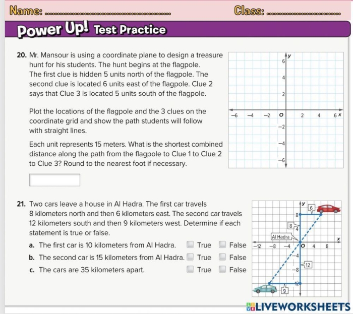 Eighth grade geometry worksheet featuring coordinate plane problems solved with the Pythagorean theorem