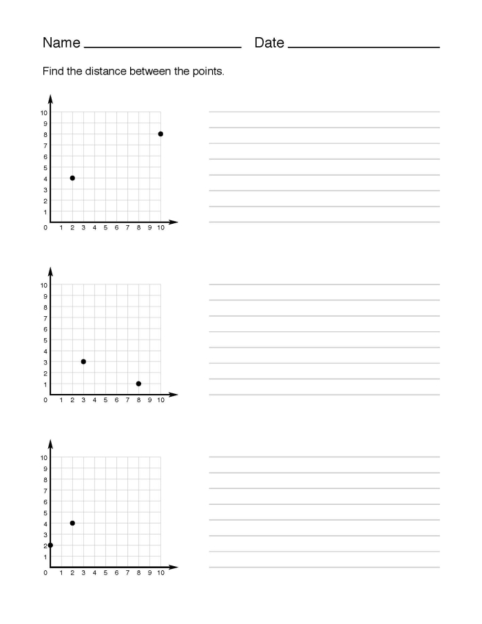 Eighth grade students solving distance between two points problems on a geometry worksheet with coordinate grids and diagonal line segments