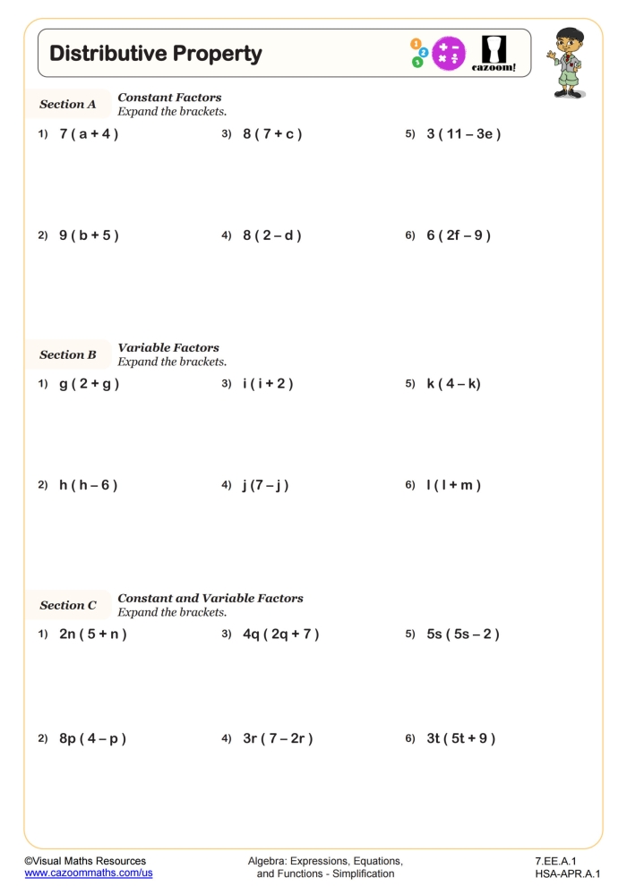 Third grade math worksheet showing distributive property of multiplication with visual arrays and number problems for practice