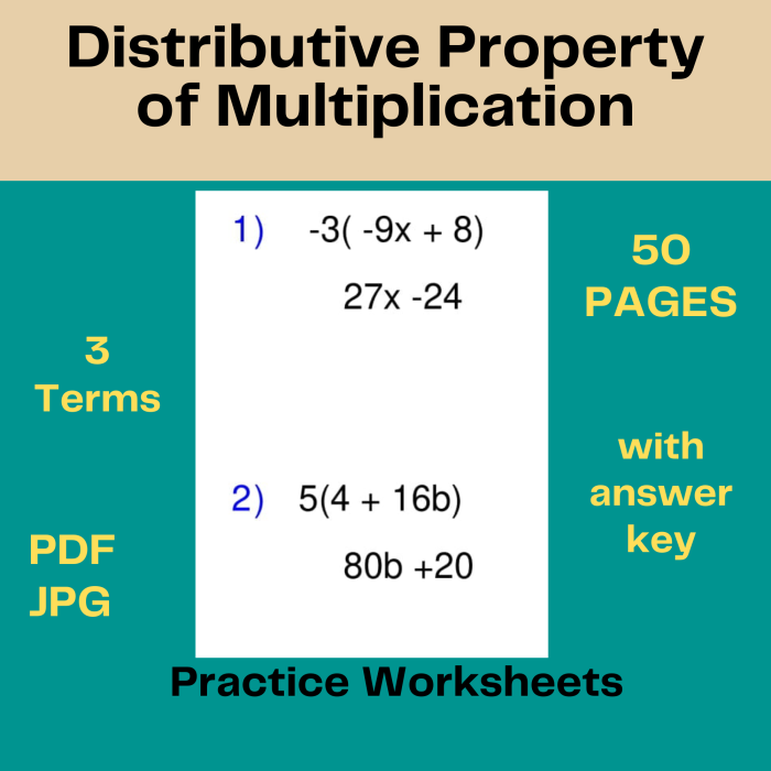 Third grade math worksheet focusing on the distributive property of multiplication