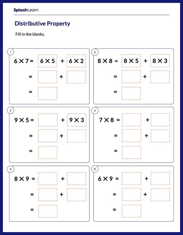 A third grade worksheet featuring math problems to practice the distributive property of multiplication
