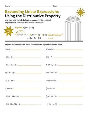 Expanding Linear Expressions Using the Distributive Property Seventh Grade Worksheet 2 Seventh grade math worksheet featuring algebra problems on expanding linear expressions with the distributive property