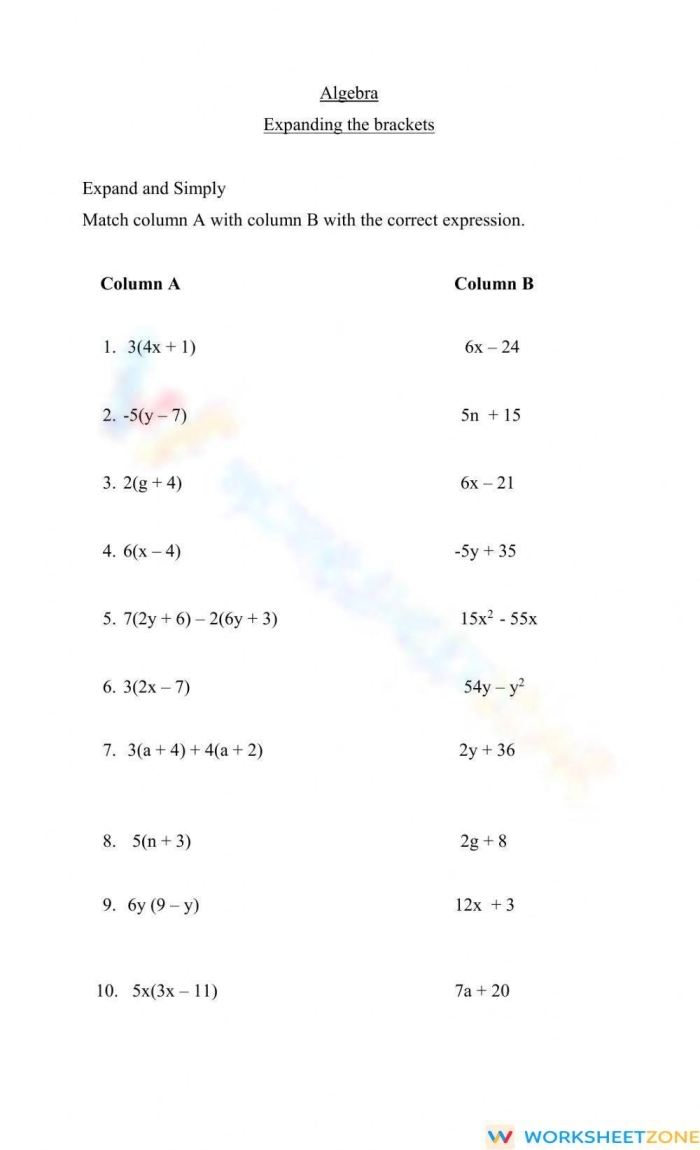 Expanding Linear Expressions Using the Distributive Property Worksheet 17 Seventh grade math worksheet featuring algebra problems focused on expanding linear expressions with the distributive property