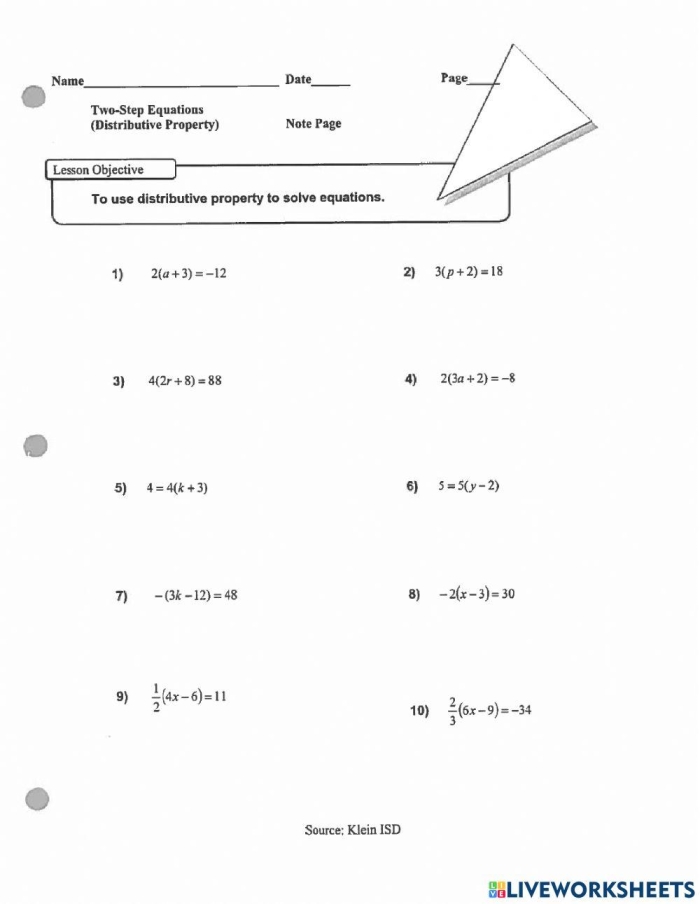 Distributive Property Equation Practice Problem Set 24 Eighth grade student solving algebraic equations using the distributive property of multiplication on a practice worksheet