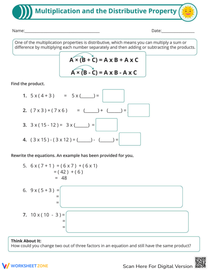 Distributive Property of Multiplication worksheet example 17 showing how to decompose factors for easier calculation Third grade student solving a multiplication problem using the distributive property to break apart numbers into tens and ones