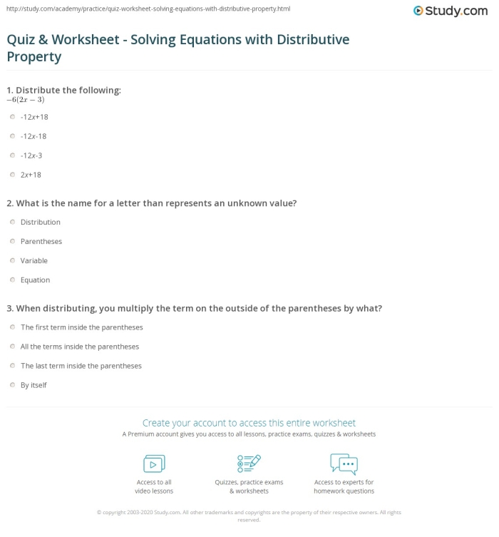 Distributive Property Equation Practice Problems for Grade 8 Math Eighth grade student solving algebraic equations using the distributive property of multiplication on a practice worksheet