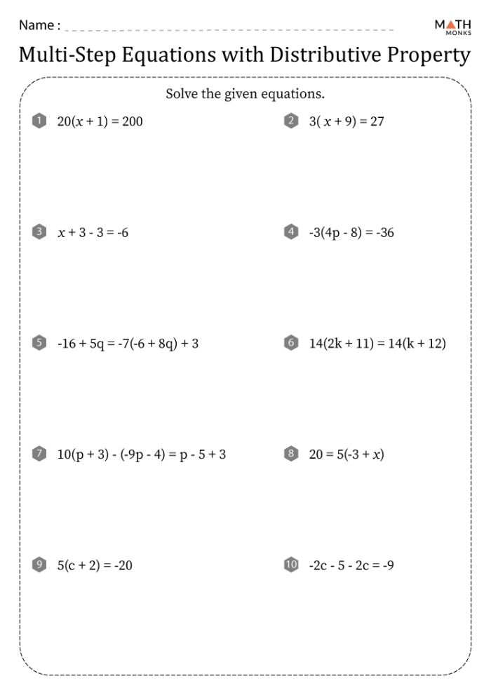 Solve Equations With the Distributive Property Worksheet 8 Eighth grade algebra worksheet focusing on solving equations using the distributive property