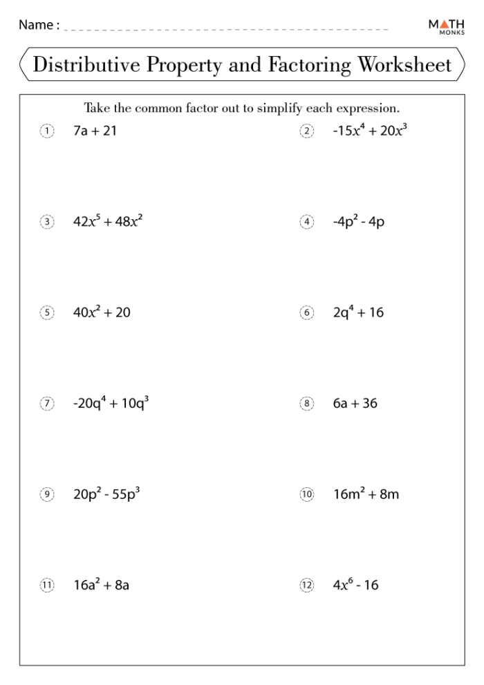 Sixth grade student solving factor using the distributive property math problems on a practice worksheet
