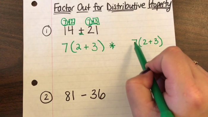 Sixth grade student working through distributive property factoring problems on a math worksheet