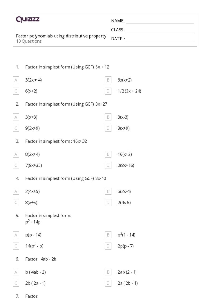 Sixth grade math worksheet for factoring algebraic expressions using the distributive property