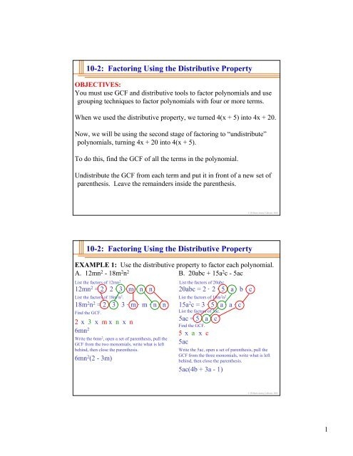 Sixth grade math worksheet focused on factoring expressions using the distributive property