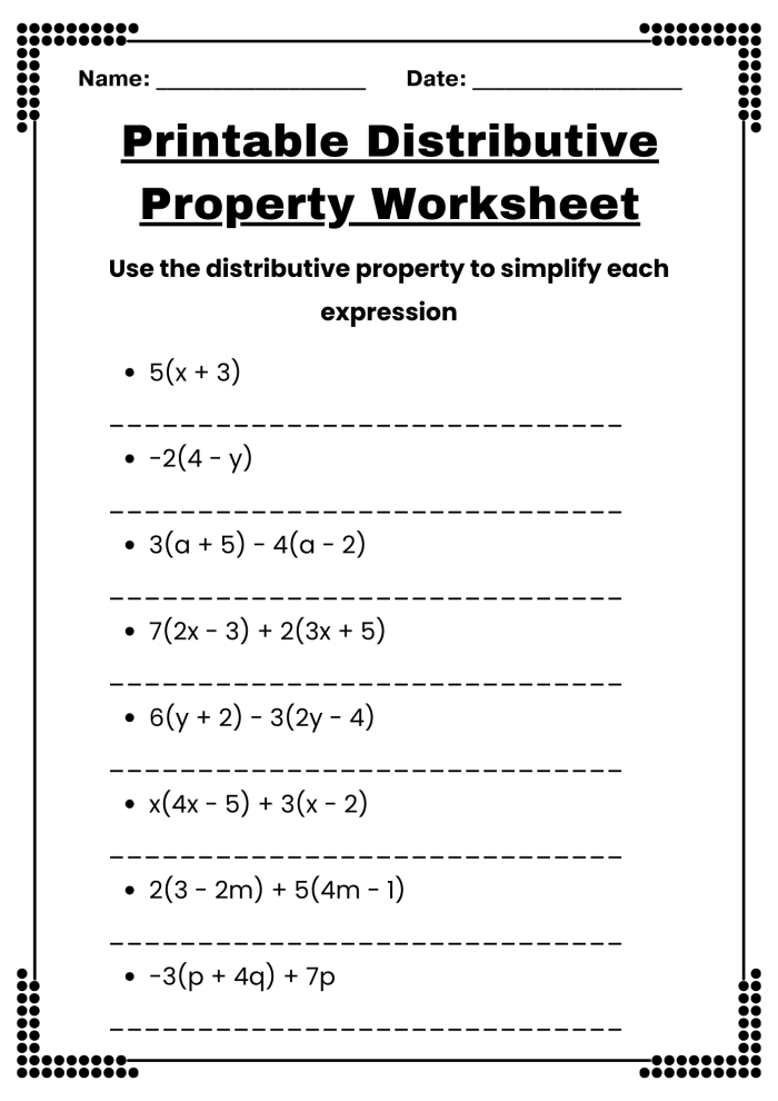 Fourth grade math worksheet featuring distributive property exercises for multiplication