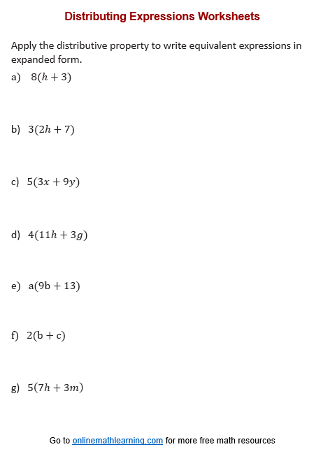 Seventh Grade Algebra Worksheet: Expanding Linear Expressions with the Distributive Property Worksheet for seventh-grade students on expanding linear expressions using the distributive property