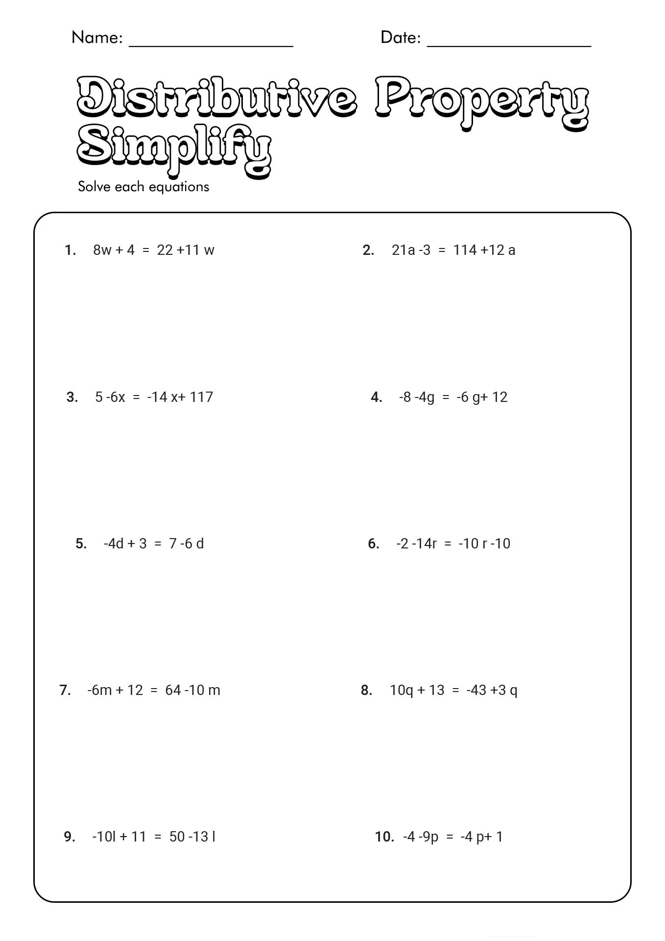 Practice worksheet example 12 for distributive property equation solving skills Eighth grade student solving multiplication equations using the distributive property method