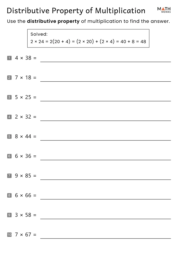 Worksheet for teaching the distributive property in fourth grade math