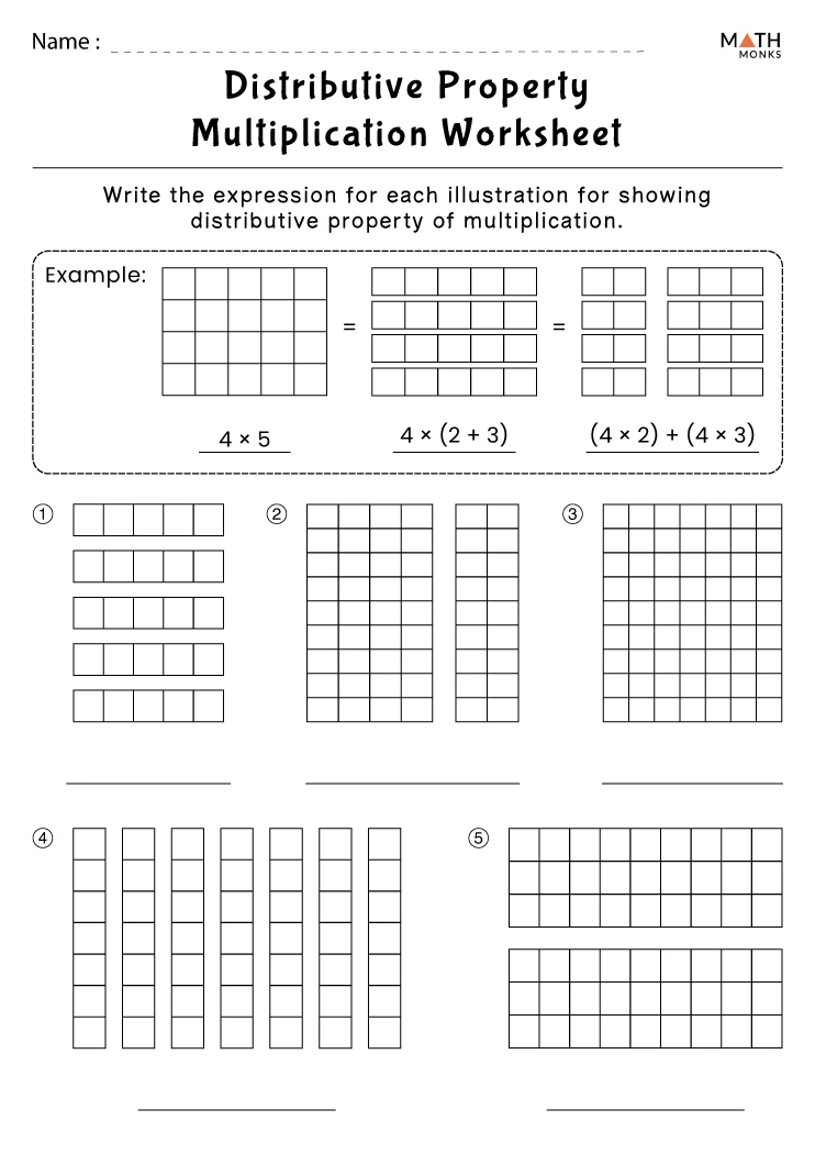 Worksheet featuring the distributive property for fourth graders to enhance mental math skills