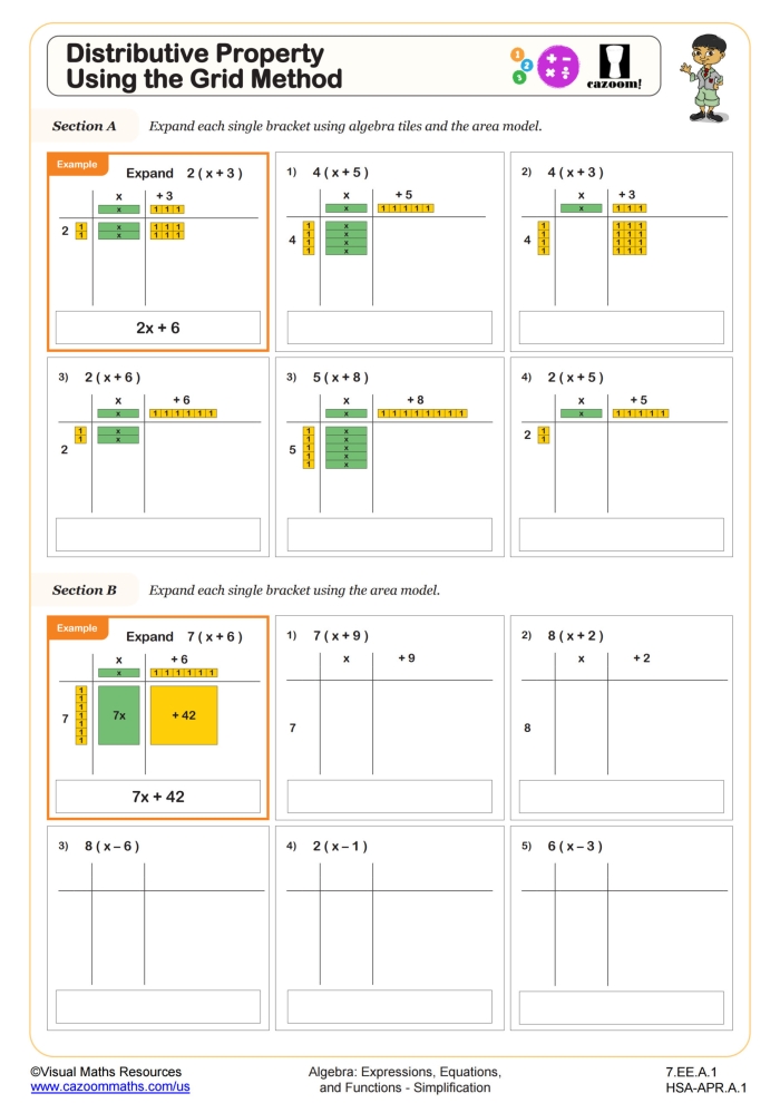 Worksheet for fourth graders on the distributive property to aid in mental math. Break it Up: Distributive Property 1 worksheet for effective learning.