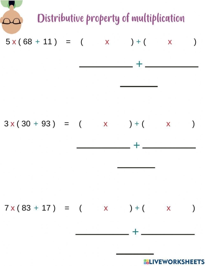 Distributive Property of Multiplication Practice Activity for Elementary Students Third grade math worksheet showing multiplication problems using the distributive property with visual arrays and groupings