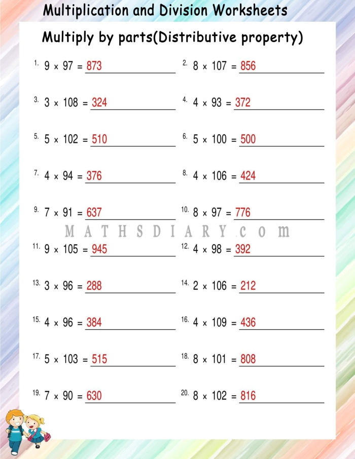 Multiplication and the Distributive Property Worksheet 14 Third grade math worksheet featuring multiplication problems solved using the distributive property method