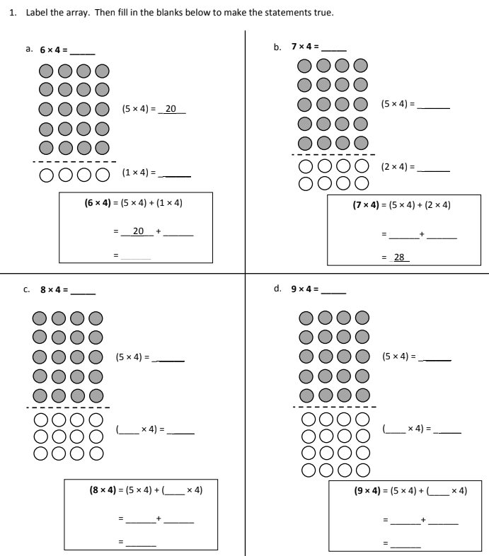 Third grade math worksheet showing distributive property of multiplication practice problems with visual arrays and equations