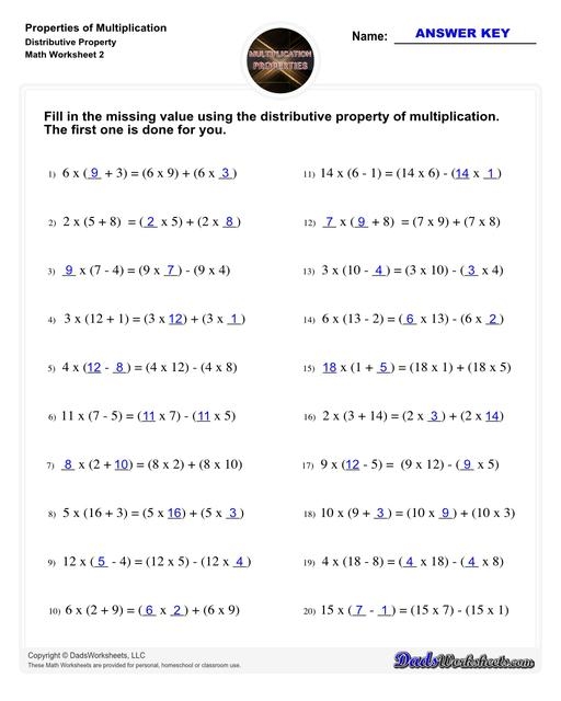 Third grade math worksheet showing distributive property of multiplication practice problems with arrays and equations
