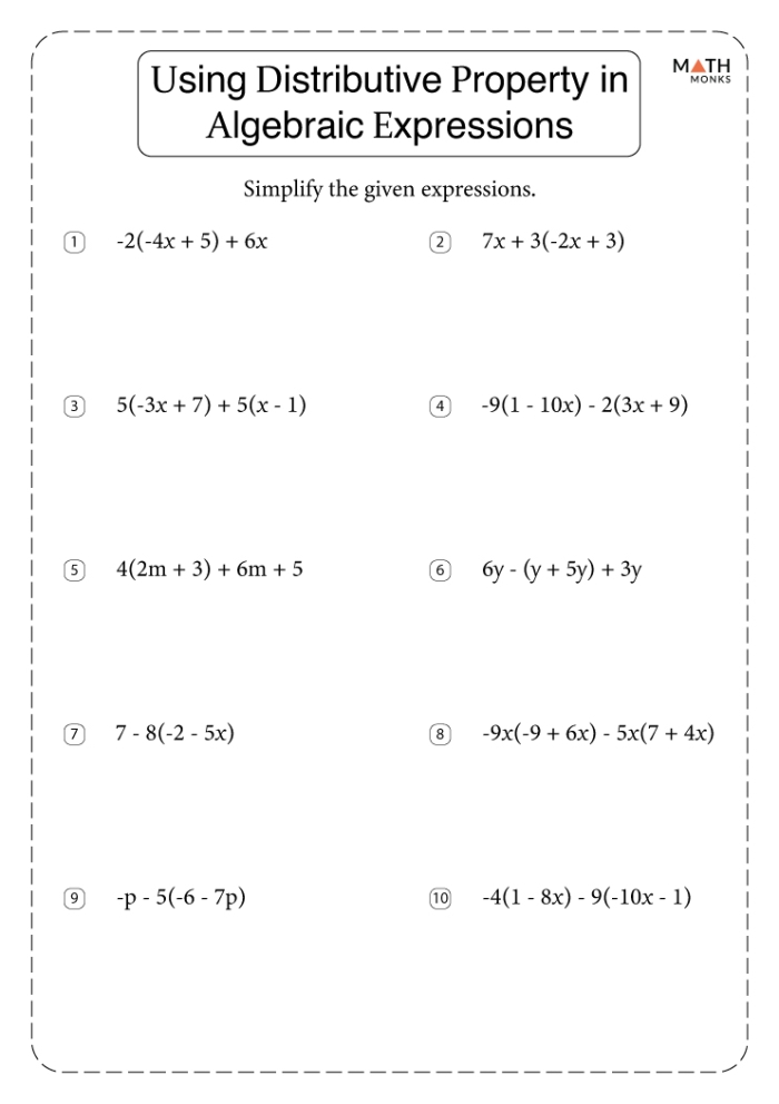 Third grade math worksheet showing distributive property of multiplication problems with visual arrays and number sentences