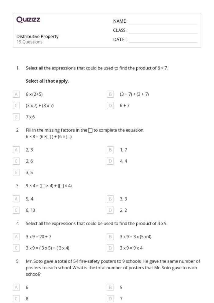 Distributive Property of Multiplication Practice for Elementary Students Third grade math worksheet showing multiplication problems using the distributive property with visual arrays and grouping examples