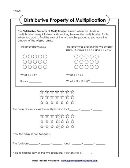 Third grade math worksheet showing distributive property of multiplication practice problems with arrays and number sentences