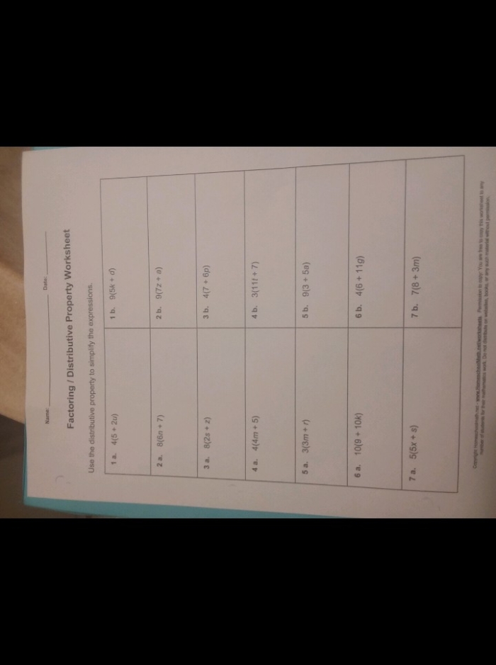 Sixth grade math worksheet showing distributive property problems with factors and expressions