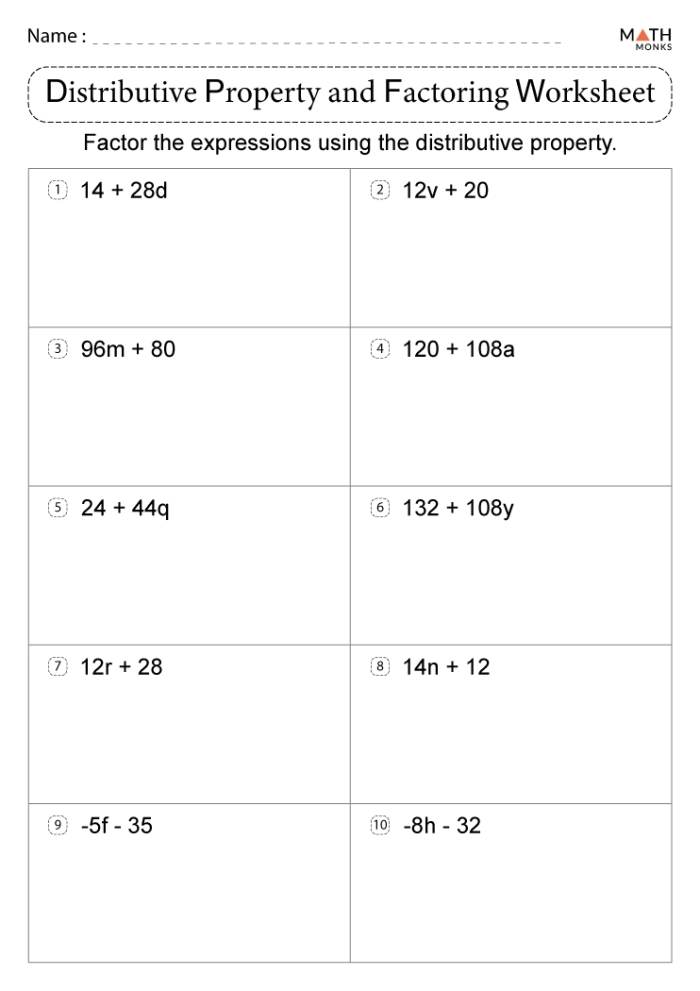 Sixth grade student working through factor using distributive property math problems on a practice worksheet
