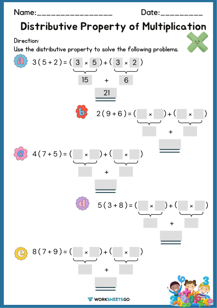 Fourth grade students practicing multiplication problems using the distributive property on a math worksheet