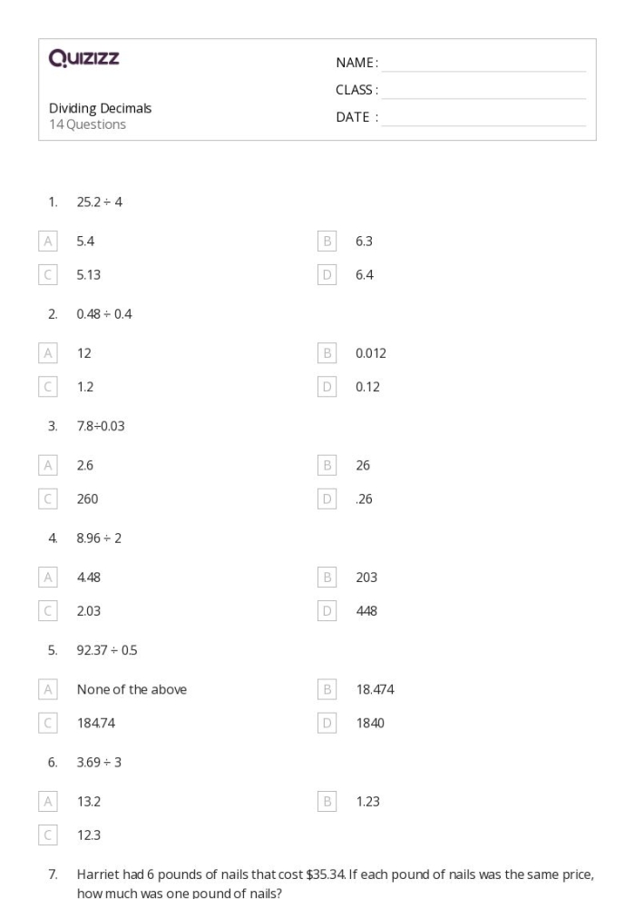 Fifth grade math worksheet featuring Easter treats themed word problems for dividing decimals