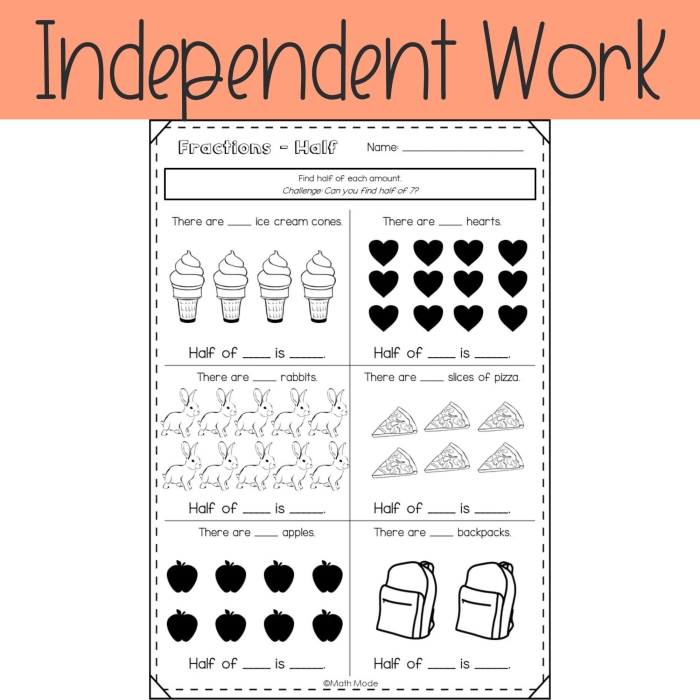 Divide the Shapes in Half worksheet for teaching fractions Worksheet featuring shapes for dividing into halves for first graders
