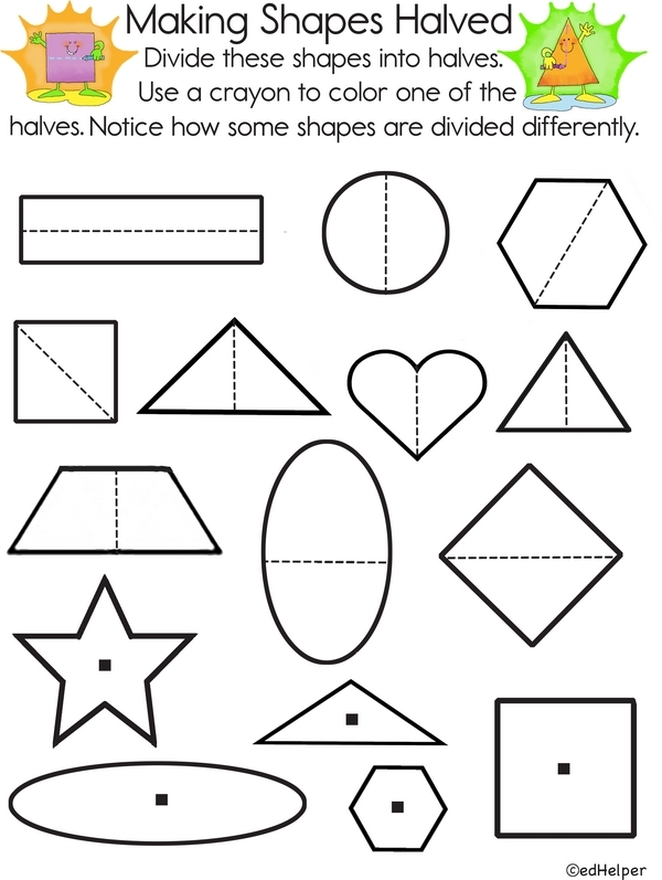Divide the Shapes in Half activity for first graders Worksheet featuring various shapes for dividing them in half
