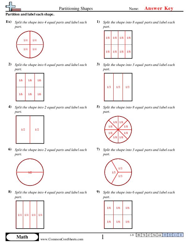 Division worksheet for First Grade Divide the Shapes in Half worksheet for first graders to learn about fractions by splitting shapes into equal parts. Worksheet image showing different shapes for division practice in Grade 1.