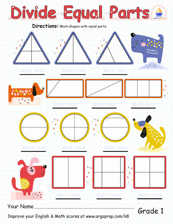 Divide the Shapes in Half worksheet for introducing fractions Worksheet featuring shapes to be divided in half for first graders