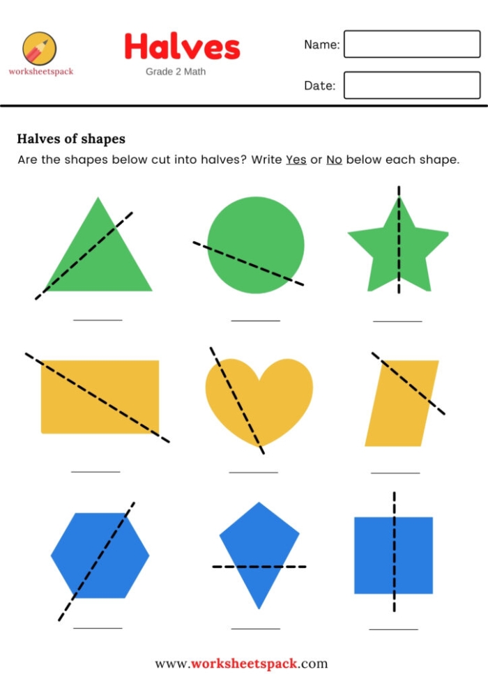 Divide the Shapes in Half worksheet for introducing fractions to young learners Worksheet illustrating how to divide various shapes in half for first graders