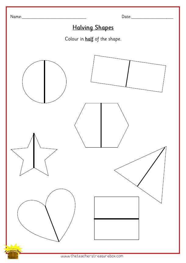 Divide the Shapes in Half Worksheet Example 12 Worksheet featuring various shapes for dividing into halves for first graders