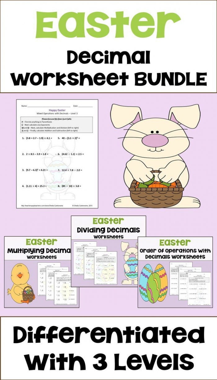 Fifth grade math worksheet featuring Easter treats to practice dividing decimals