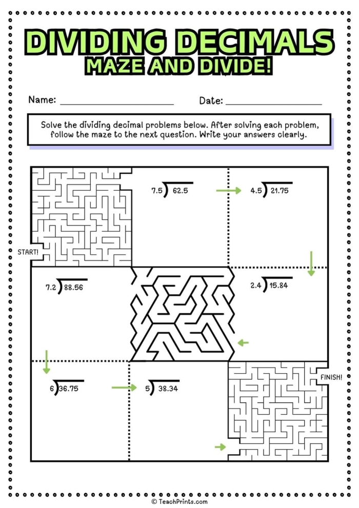 Fifth grade students solving decimal division problems on a practice worksheet with step-by-step examples