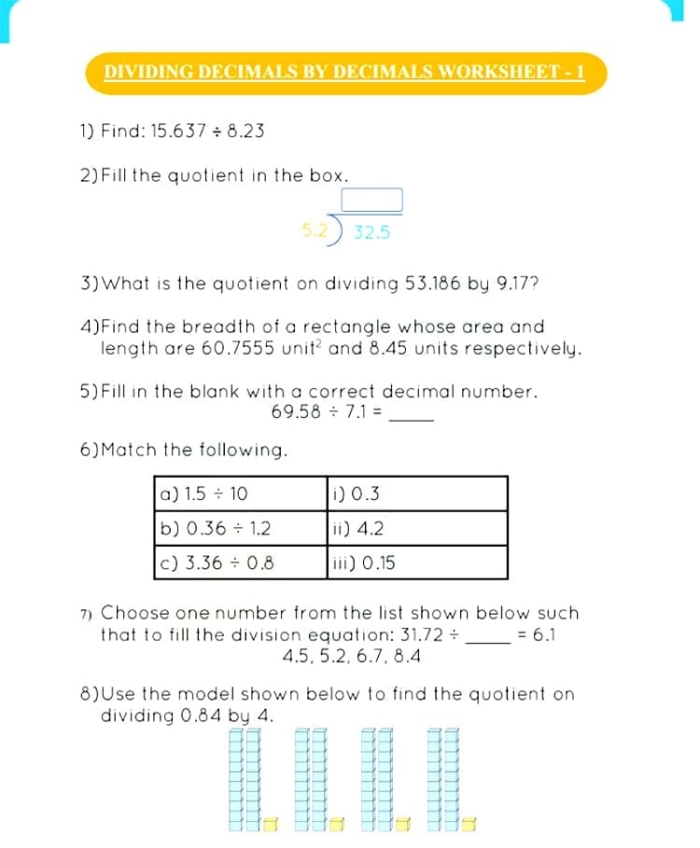 Fifth grade math worksheet showing decimal division problems and practice exercises for students learning to divide decimals