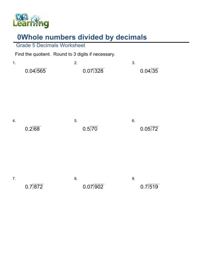Worksheet featuring nine practice problems for dividing decimals by whole numbers